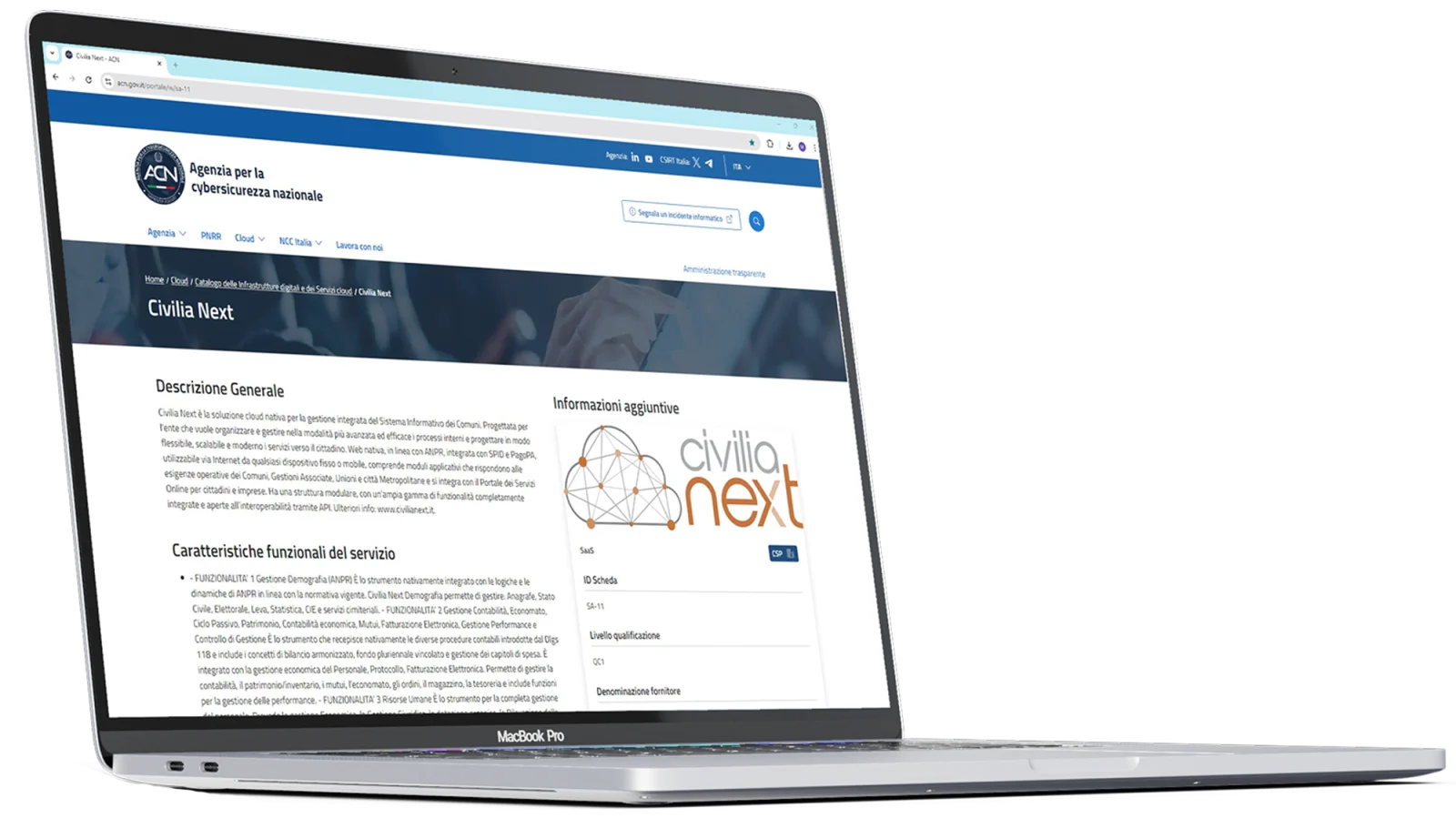 Notebook con la scheda Civilia Next nel catalogo dei servizi cloud ACN